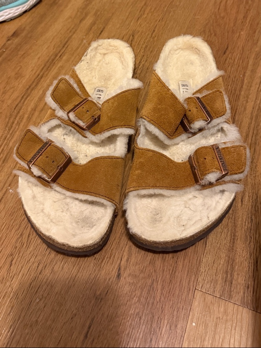 Birkenstock Fur Lined Double-Buckle Slide Sandals - Chestnut color